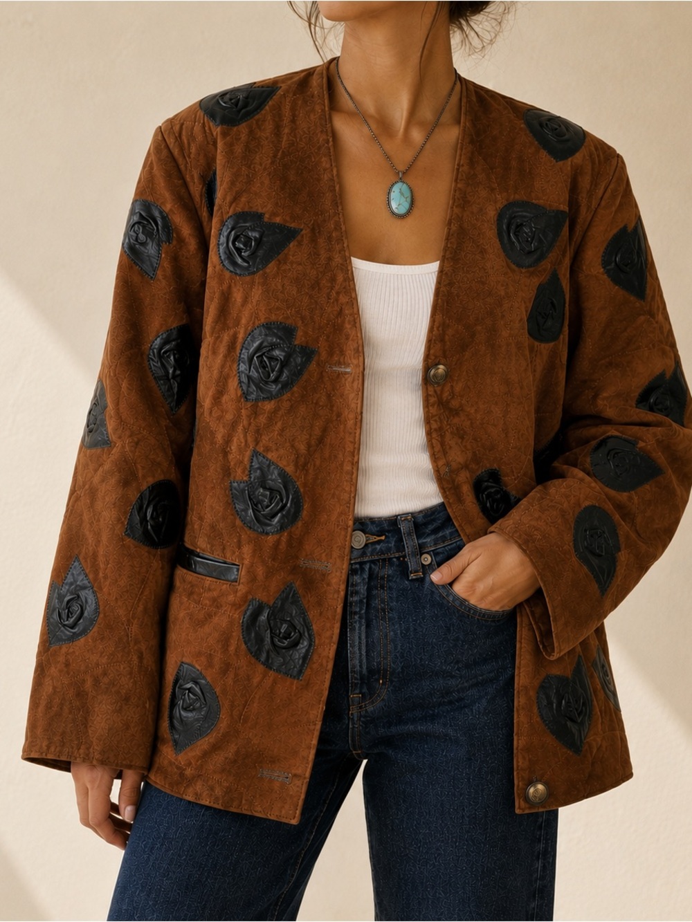 Vintage Brown Suede Black Leather Floral Appliqué Western Jacket